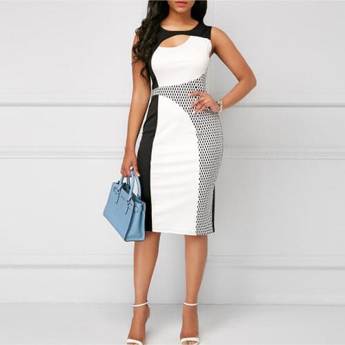 MISSJOY Plus Size Polka Dot Print Casual Sleeveless Dress Women Sexy Chest Hollow Out Work Office Pencil Bodycon Party Dresses