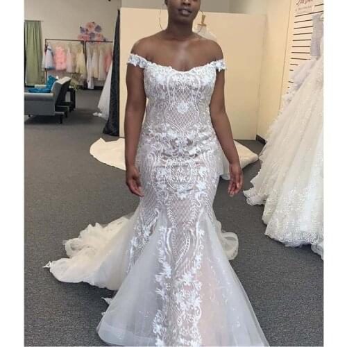 Off the Shoulder Lace Mermaid Wedding Dress Sequin Lining Sweep Train Church Bridal Gown Nigeria Vestido De Noiva