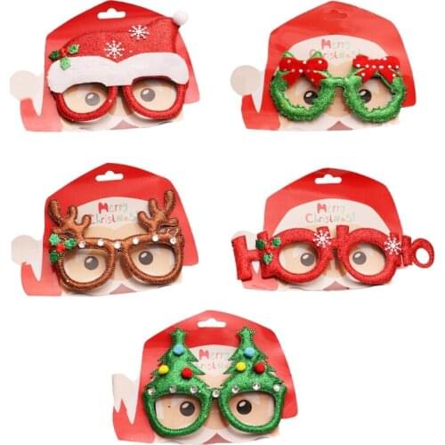 066E Christmas Glitter Plastic Glasses Frame Cute Cartoon Santa Hat Wreath Reindeer Horn Xmas Tree Eyeglasses Holiday Party
