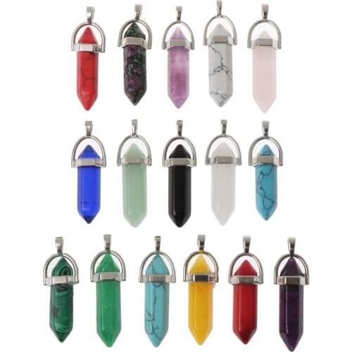 16Pcs Bullet Shape Healing Pointed Chakra Pendant Quartz Crystal Stone Charm DIY