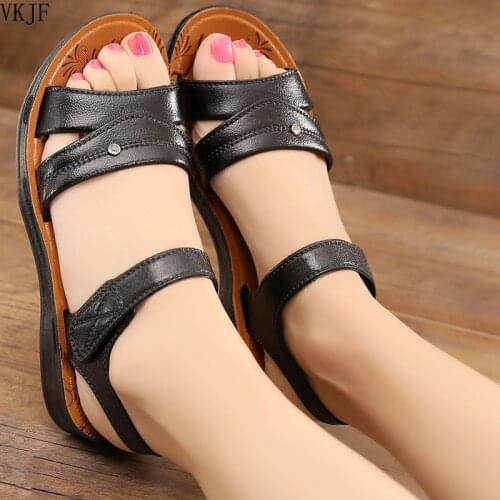 VKJF Womens Sandals Women Ladies Summer Fashion Leather Sandals Wedges Comfort Big Size Shoes Wedges Round Toe women Shoes