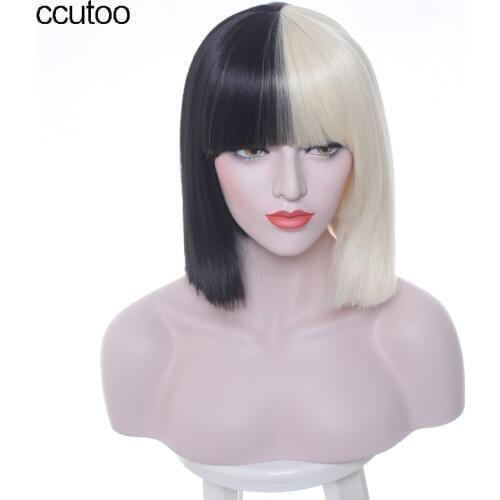 Ccutoo 38cm Sia Synthetic Hair Half Black and Blonde Short Straight Flat Bangs Heat Resistance Cosplay Full Wigs