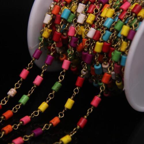 5Meter/lot,Mixed color Turquoises Tube Shape Beads Rosary Chain,Multicolor Howlite Cylinder Brass Wire Wrapped Chains Necklace