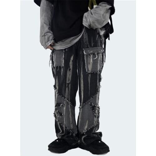 Black Men Cool Cargo Pants Fashion Retro Baggy Jeans Harajuku Summer High Street Casual Hip Hop Gothic Pant Streetwear Males