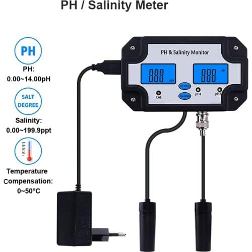 PH-2685 PH Salinity Monitor 2 in 1 PH Meter Salinity Tester Water Quality Analyzer ATC for Seawater Horticultural Aquarium Pool