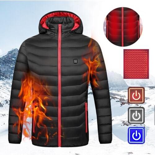New Women Smart USB Cotton Heated Jacket Solid Thicken Infrared Heating Coat Winter Down Hooded Outdoor Camping Hiking Clothing