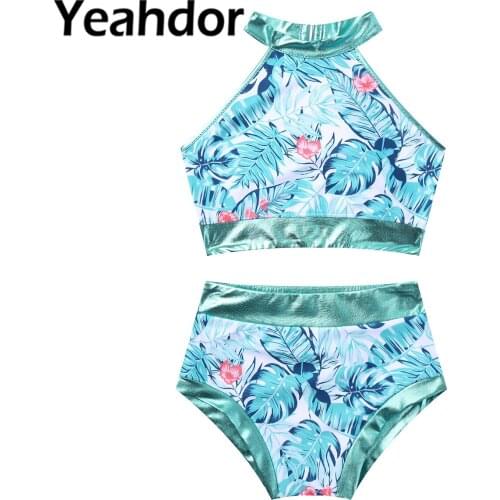 Summer 2PCS Kids Girls Swimming Outfit Swimwear Tankini Palm Leaves Print Swimsuit Bathing Suit Bikini Top with Bottoms Set
