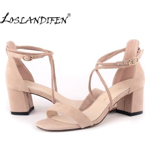 LOSLANDIFEN Fashion Women Velvet Sandals Stripe Ankle Buckle Office Pumps Thick High Heel Shoes Sweet Wedding 6050-1VE