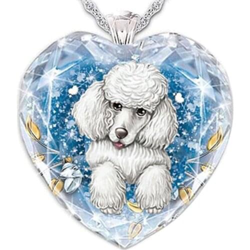 Fashion Crystal Poodle Pattern Pendant Heart Shaped Blue Gem Animal Necklace