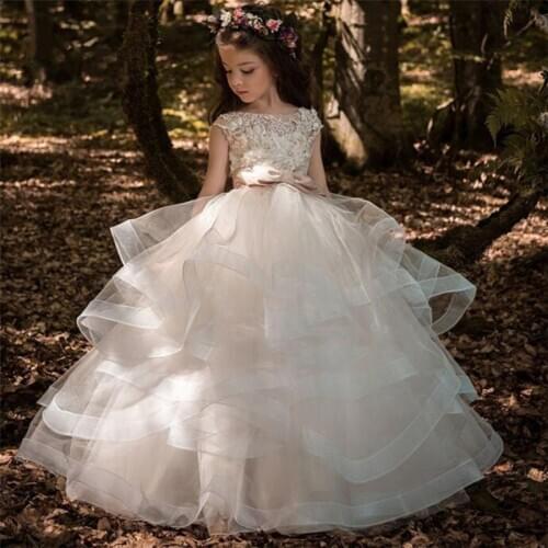 Fashion Flower Girl Dresses Fluffy Tulle Cascade Applique Sleeveless Pageant Gown For Girls First Holy Communion Prom Dresses