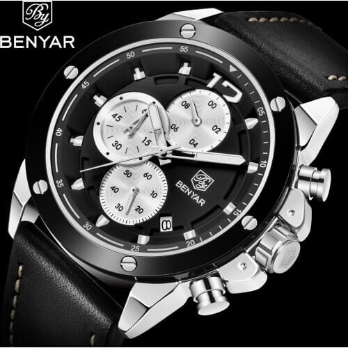 Mens Multifunction Watches BENYAR Top Brand Luxury Military Sport Watch Men Leather Waterproof Quartz Wristwatch reloj hombre