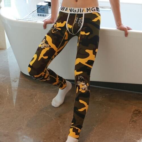 Men Sleep Bottoms Thermal Underwear Funny Printed Trousers Cotton Tight Sports Leggins Long Pants Sleepwear Long Johns Plus Size