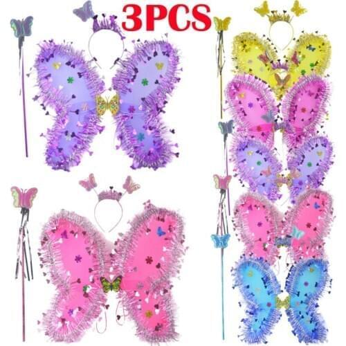 3pcs Fairy Wings Set Wing Hairband Wand Butterfly Angel Princess Girl Dress Up