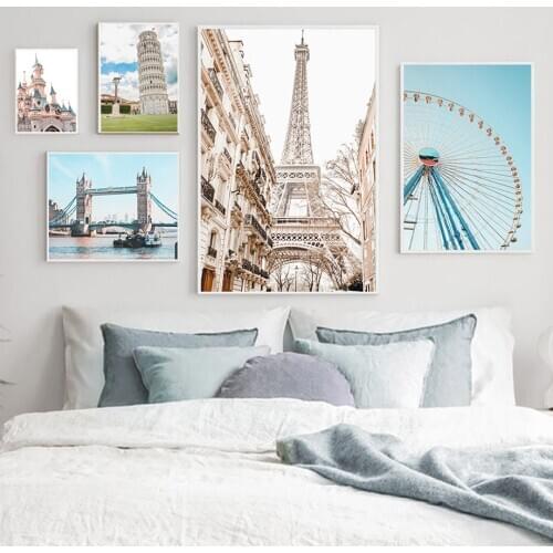 Paris Ferris Wheel Brooklyn Bridge Castle Nordic Posters And Prints Wall Art Canvas Painting Wall Pictures For Living Room Decor