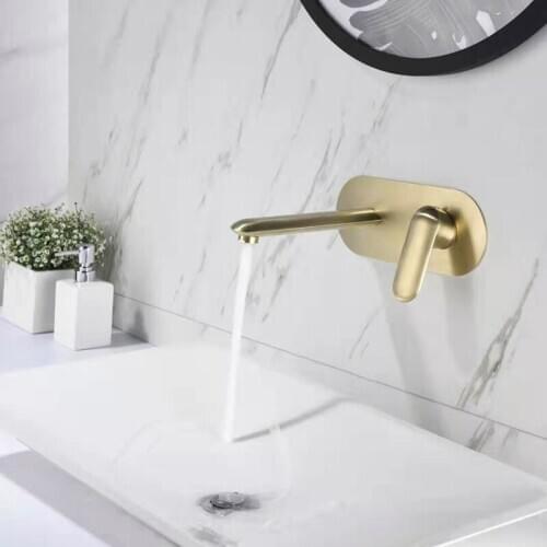 In-Wall Basin Faucet Mixer Brush Gold Brass Bathroom Sink Faucets Wall Mounted Cold and Hot Vanity Sink Crane Concealed Taps Set