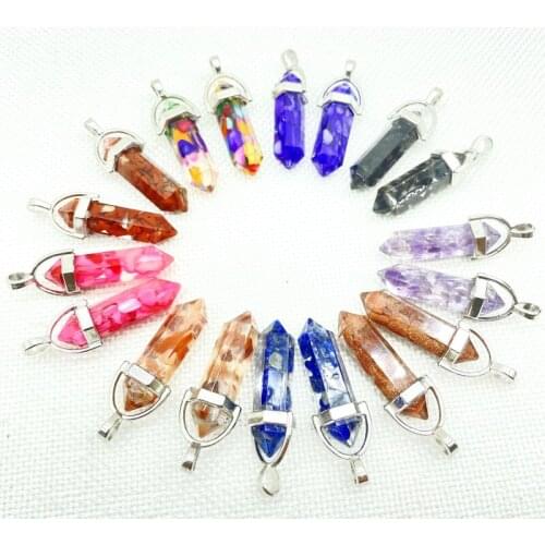 Natural Gem Stone Quartz Crystal Amethyst Lapis Gravel Composition Hexagonal Pendants For Jewelry Necklaces Accessories 24Pcs