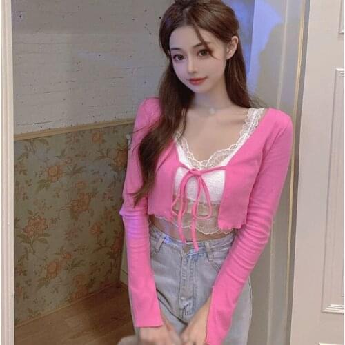 Candy Color Long-sleeved Coat Womens Inner Wear Thin Section Early Autumn Casual Tops Lace Knitted Coat