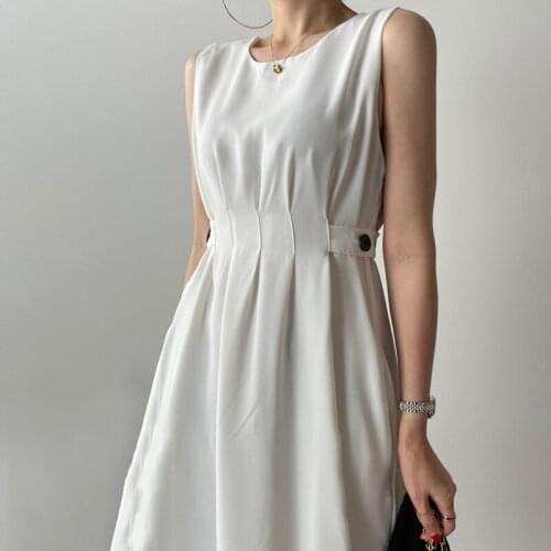Korean Chic Minimalism Temperament Round Neck Pleated Buttoned Waist Slimming Sleeveless Mid-Length Dress Women