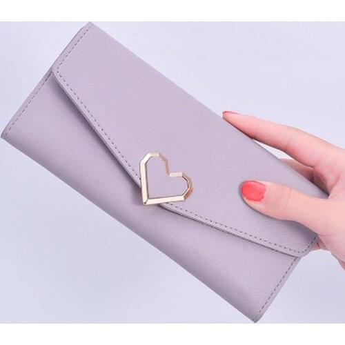 PU Leather Purse Heart-shaped Decoration Long Multi-card Wallet Purse Buckle Clutch Mobile Phone Student Womens Wallet New Cute