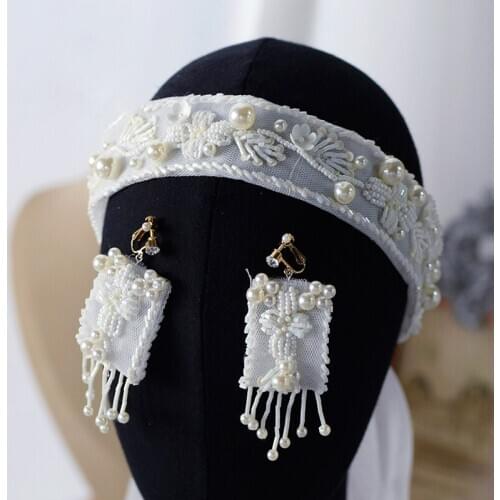 Handmade Ivory Bridal Hairband with Earring Headdress Brides Headband Pearls Wedding Accessories