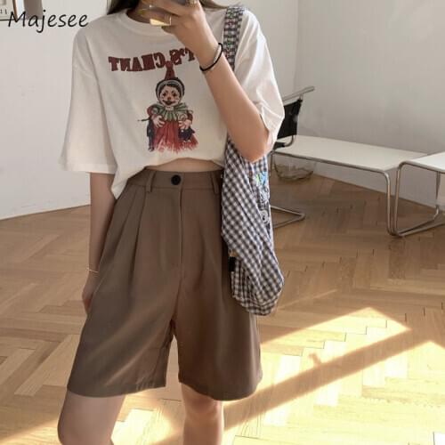 Shorts Women Solid Khaki Korean Preppy Style Loose Casual Simple Basic Stylish Chic Vintage High Street Elegant Retro Female New
