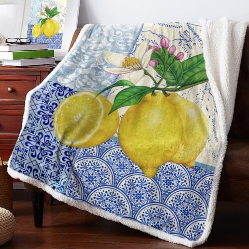 Blue And White Porcelain Texture Map Lemon Throw Blanket Soft Fleece Blankets Winter Blanket Portable Picnic Blankets Bedclothes