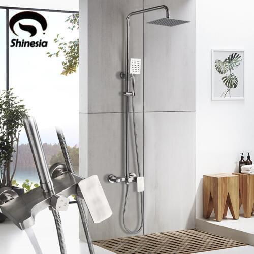 Shinesia SUS304 Stainless Steel Shower Faucet Wall Mounted Rainfall Shower Head With Hand Shower Bathtub Spout Shower Mixer Set