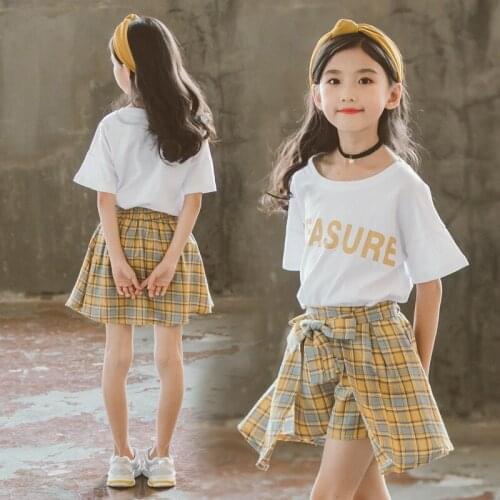 2021 Summer teenager Girls Clothes Tracksuits Letter Leisure T shirt + Plaid Bow Skirt Pants Kids 5 6 7 8 9 10 11 12 13 14 year