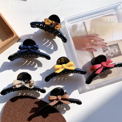 Korean Style Women Girls Sweet Acrylic Bowknot Hair Claw 7.2cm Simple Hair Clip Black Barrette Hair Holder Easy For Hair Styling