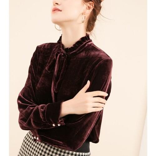 Silk Velour 2018 Shirt OL Mulberry Silk Top Women Long Sleeve Winter Blouses M/L/XL FREE SHIPPING