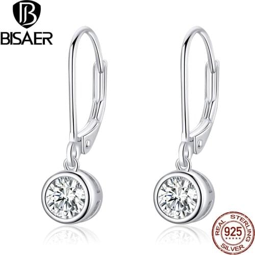 Zircon Jewelry BISAER Authentic 925 Sterling Silver Simple ONE Zircon Drop Earrings for Women Wedding Bridal Jewelry ECE747