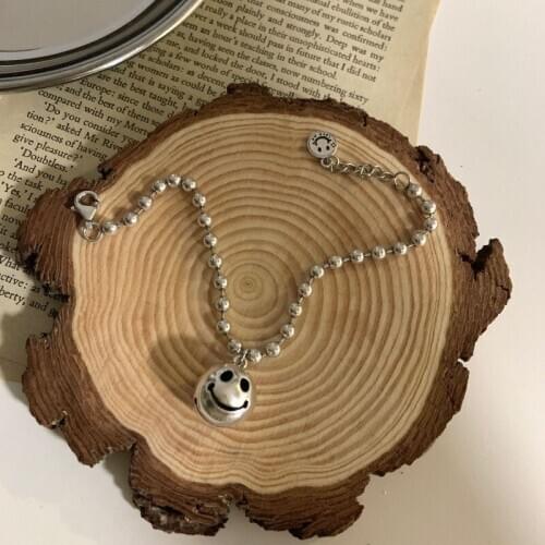 Orgin Summer Minimalist Metal Silver Color Smile Face Charm Bracelet for Women High Street Circle Beaded Bracelet Party Jewelry