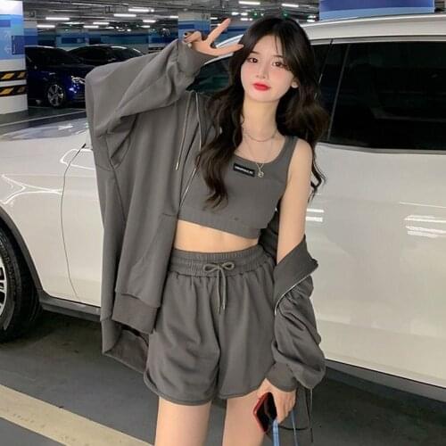 New Sports Suit Women Korean Sports Bra Vest Leisure Hooded Long-Sleeved Jacket Drawstring Wide-Leg Shorts Girl Three-Piece Suit