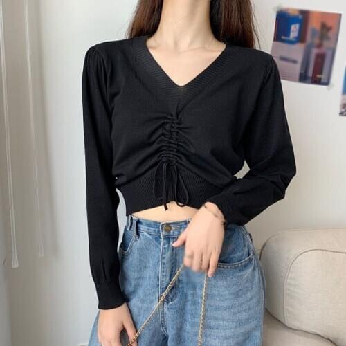 Women Sweaters Autumn New Long Sleeve V-neck Drawstring Pleated Sweater Solid Color Thin Knit Pullover Top