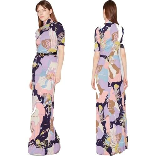 New style womens stand up collar printing fashion elastic knitting leisure long dress