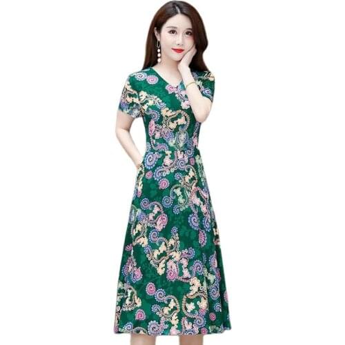 Mom Women Summer Dress Women Casual Short Sleeve V-neck Boho Maxi Dress printing Middle-aged Female plus size dresses Vestidos