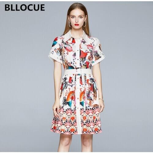 BLLOCUE Summer Runway Designer Ocean World Printing Dress Women Elegant Short Sleeve Single-Breasted Shirt Dress With Belt