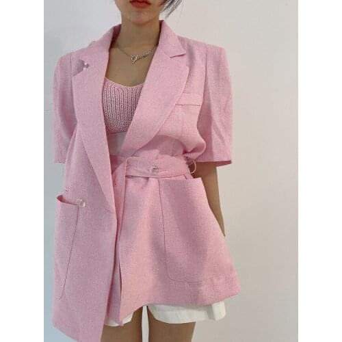 Korean Pink Blazer Dress Short Sleeve Turn Down Collar Fashion Office Ladies Tweed Thin Suit Coat 2021 Women Robe Chemise Femme