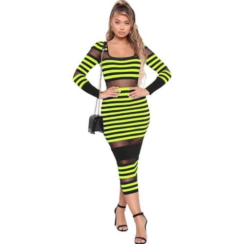 Women Autumn Dress Long Sleeve Sheer Mesh Spliced Striped Bodycon Dress Elegant Sexy Club Party Bandage Mid Calf Dress Female