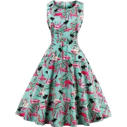 Plus Size Swan Flamingo Print Vintage Dress Women Casual Tunic Pin Up Robe 50s Rockabilly Summer Party Dresses Feminino Vestidos