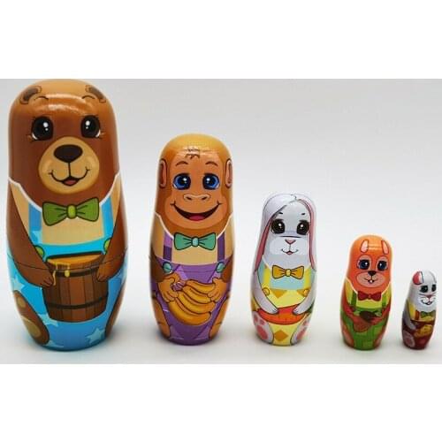 5PCS Wooden Matryoshka Doll Russian Nesting Dolls Matreshka Handmade Crafts Ornament Cartoon Dog Wooden For Home Decoration