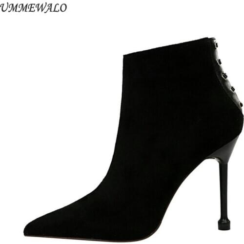 UMMEWALO Ankle Length Flock Boots Women Fashion Pointed Toe Thin Heels High Heel Shoes Winter Ankle Boots Ladies Shoes 663-1