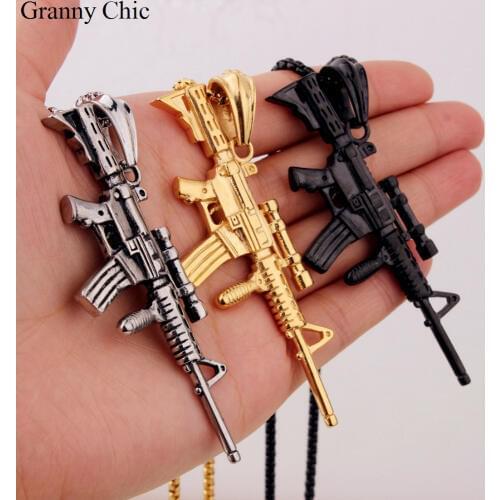 Granny Chic Brand New Mens Jewelry Silver/Gold/Black Stainless Steel Sniper rifle Gun Pendant free Box Necklace