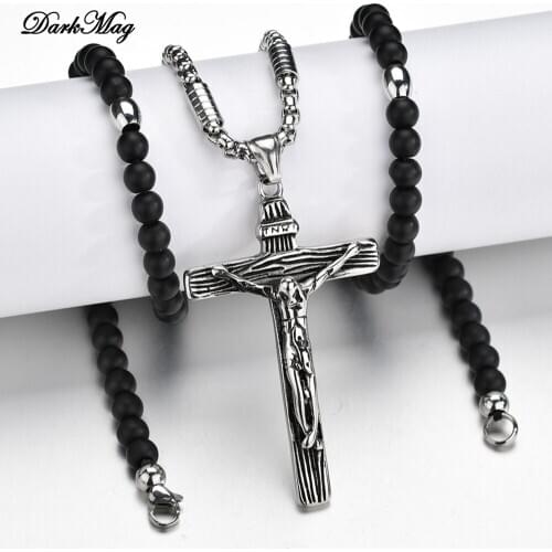 DarkMag Stainless Religious Antique Black Cross Rosary Pendant Necklaces Jesus Crucifix Beaded Necklace for Men Women Jewelry