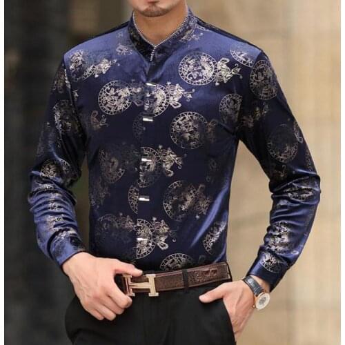 Elegant Gentleman Velvet Shirts Mens Blue Luxury Gold Printed Fashion Man Clothes For Stout Velour Blouse Chinese Collar Black