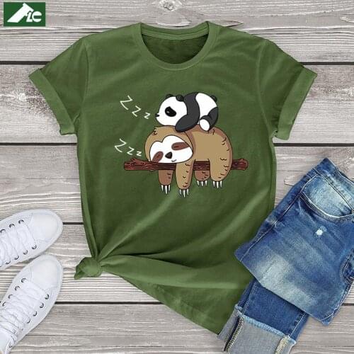 Kawaii Panda Sloth T Shirt Women Clothing Panda Lying On A Sloth Sleep Vintage Cotton Graphic Tees Shirts Funny Tee Blouses