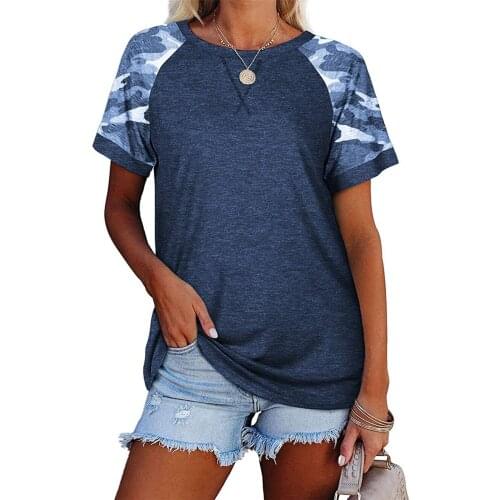 Camouflage Splicing Sleeve T Shirt Solid Summer Stitching O Neck Short Tye Die Sleeve Casual Loose Pullover Women Print Tee