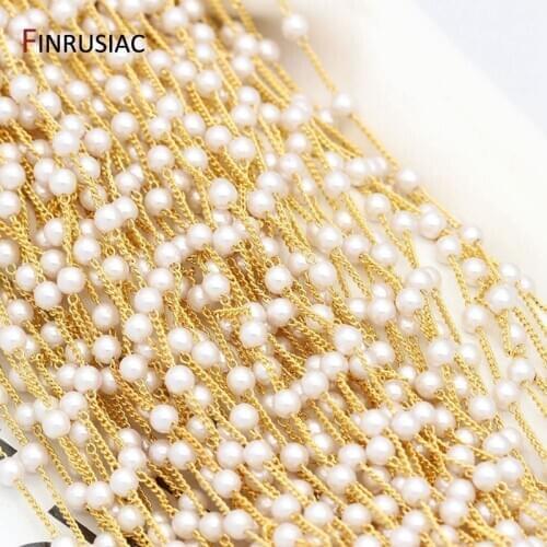 Korean 4mm Pearl Beads Chain For DIY Jewellery Making 14k Gold Plated 1.2mm Metal Chain Pearl Chain Wholesale