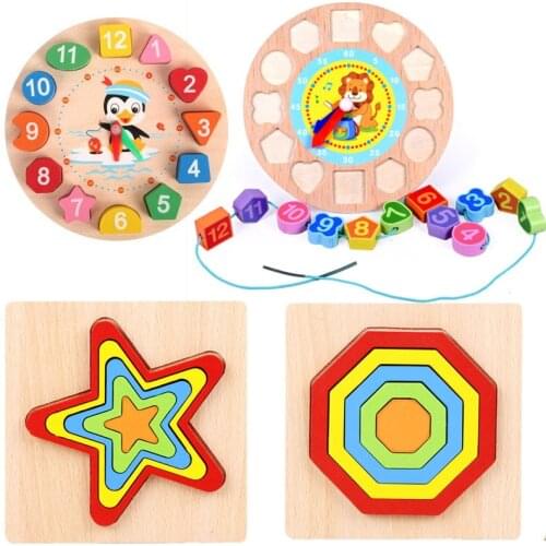 Montessori Cartoon Animal Educational Wooden Beaded Geometry Digital Clock Puzzles Gadgets Matching Clock Toy For Children