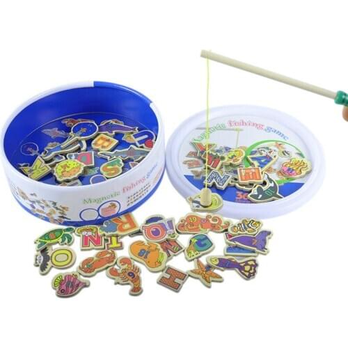 Montessori Education Props 2 Fishing Rods Wooden Fishes And Alphabet Children Toy Magnetic 3D Fishing Game Kids Educational Toy